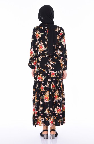 Çiçek Desenli Elbise 4217A-01 Siyah
