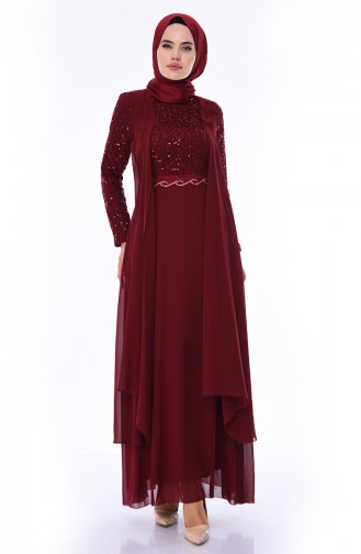 Robe de Soirée Détail Paillettes 52758-04 Bordeaux 52758-04