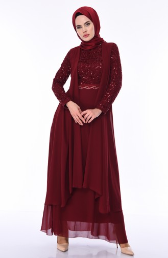 فستان سهرة مزين بالترتر أحمر كلاريت 52758-04