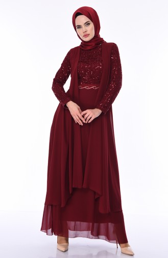 Robe de Soirée Détail Paillettes 52758-04 Bordeaux 52758-04