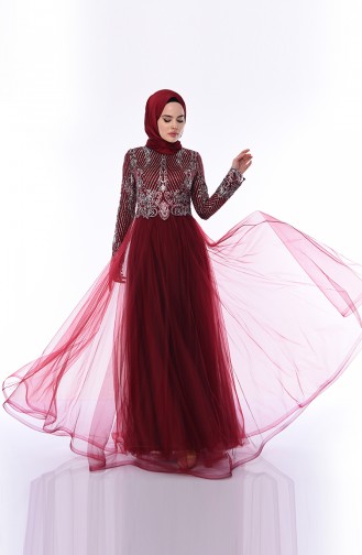 Claret Red Hijab Evening Dress 4565-04