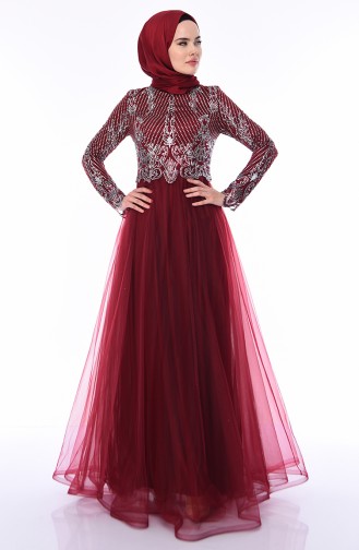 Claret Red Hijab Evening Dress 4565-04