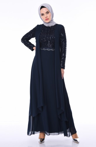 Navy Blue Hijab Evening Dress 52758-07
