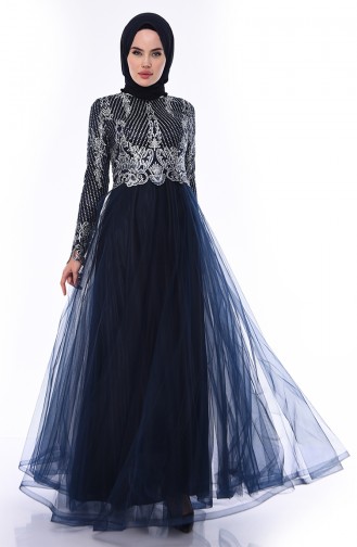 Navy Blue Hijab Evening Dress 4565-03