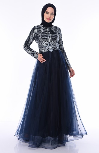 Navy Blue Hijab Evening Dress 4565-03