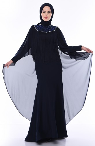 Navy Blue Hijab Evening Dress 4529-03