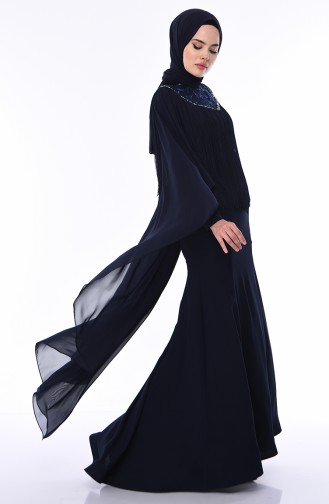 Navy Blue Hijab Evening Dress 4529-03
