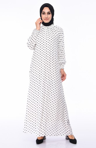 Puantiyeli Desenli Elbise 0055-01 Beyaz