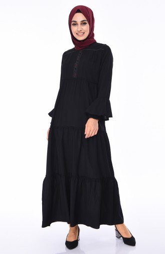 Nakışlı Büzgülü Elbise 0061-02 Siyah