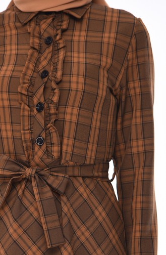 Gömlek Yaka Kuşaklı Elbise 1079-01 Kahverengi