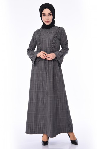 Ekose Desenli Fırfırlı Elbise 1082-03 Gri