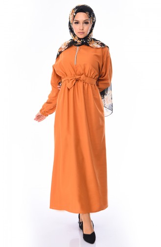 Fermuarlı Yazlık Elbise 0011-01 Taba