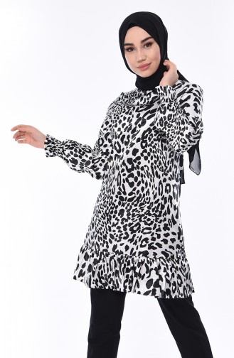 Leopar Desenli Saten Tunik 0057-01 Siyah Beyaz