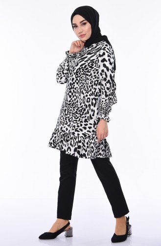 Leopar Desenli Saten Tunik 0057-01 Siyah Beyaz