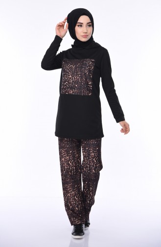 Leopard Patterned Track Suit Set 9354-01 Black 9354-01