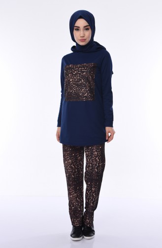 Leopard Print Tracksuit Suit 9354-03 İndigo 9354-03