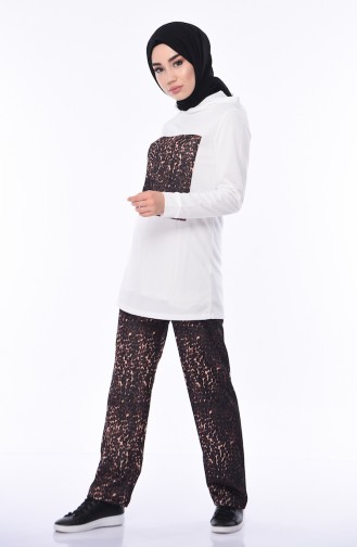 Leopard Patterned Track Suit Set 9354-04 Ecru 9354-04
