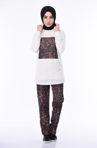 Leopard Patterned Track Suit Set 9354-04 Ecru 9354-04