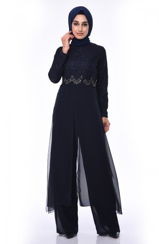 Navy Blue Hijab Evening Dress 4120-02