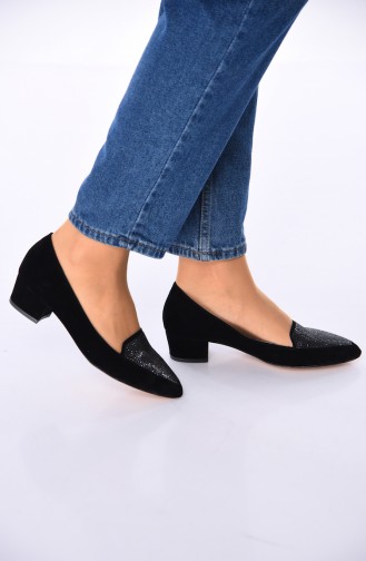 Bayan Taşlı Topuklu Ayakkabı 301K-05 Siyah Süet