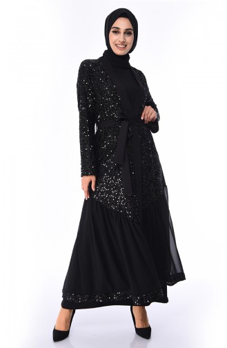 Payetli Kuşaklı Abaya 61275-02 Siyah