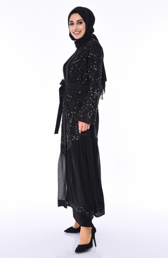 Abaya a Paillettes et Ceinture 61275-02 Noir 61275-02