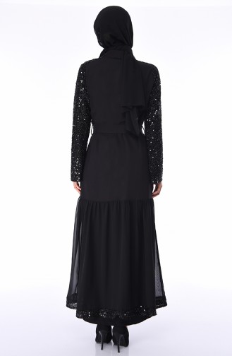 Abaya a Paillettes et Ceinture 61275-02 Noir 61275-02