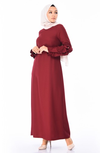 Kolu Fırfırlı İncili Elbise 1023-08 Bordo