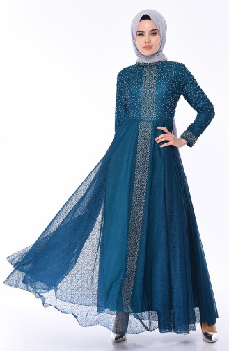 Petrol Hijab Evening Dress 1018-01