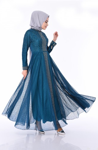 Petrol Hijab Evening Dress 1018-01