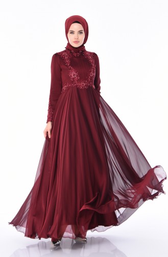 Robe de Soirée Brodée de Perle 6163-04 Bordeaux 6163-04