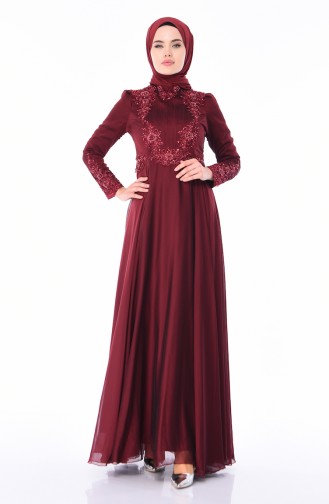 Robe de Soirée Brodée de Perle 6163-04 Bordeaux 6163-04