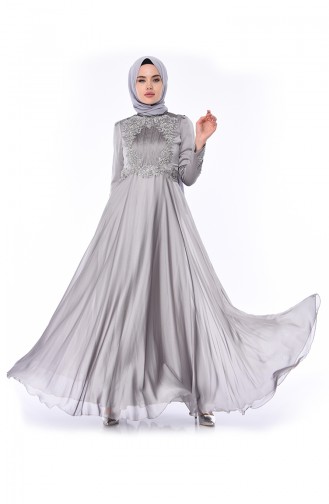 Gray Hijab Evening Dress 6163-06