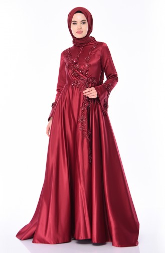 Claret Red Hijab Evening Dress 6164-02
