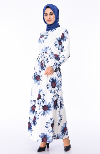 Çiçek Desenli Elbise 0661-01 Mavi