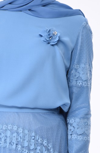 Dantelli Bluz Etek İkili Takım 40802-01 Mavi
