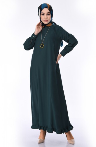Viskon Eteği Büzgülü Elbise 1202-10 Zümrüt Yeşili