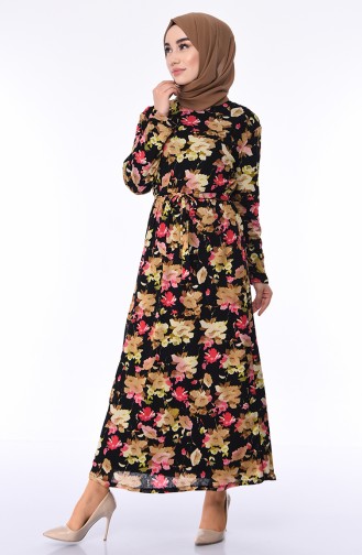 Çiçek Desenli Elbise 9103-01 Siyah Mercan