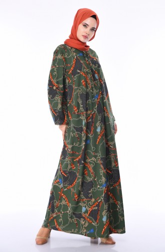 Kolu Lastikli Desenli Elbise 9106-01 Yeşil