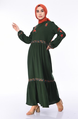Nakışlı Şile Bezi Elbise 5000-03 Zümrüt Yeşili
