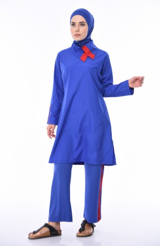 ملابس سباحة للمحجبات بتصميم مُزين بأشرطة 365-01 لون أزرق 365-01