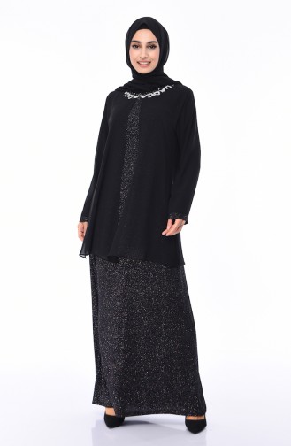 Büyük Beden Simli Abiye Elbise 1011-01 Siyah