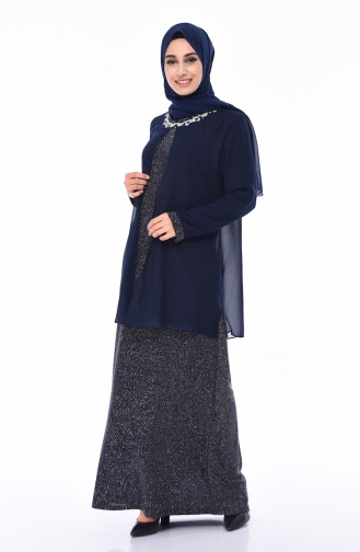 Navy Blue Hijab Evening Dress 1011-03