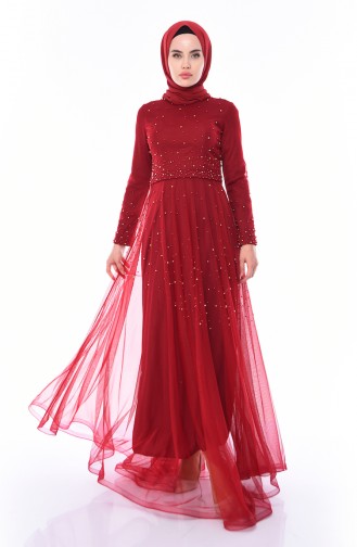 Claret Red Hijab Evening Dress 4568-02