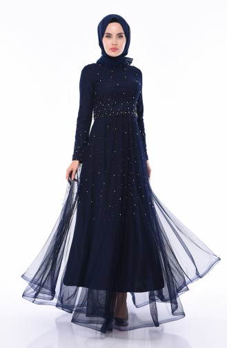 Navy Blue Hijab Evening Dress 4568-03