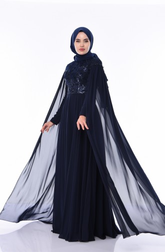 Navy Blue Hijab Evening Dress 4574-02