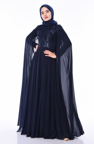 Robe de Soirée Brodée de Perles 4574-02 Bleu Marine 4574-02