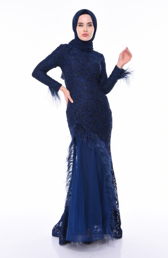 Navy Blue Hijab Evening Dress 4702-01