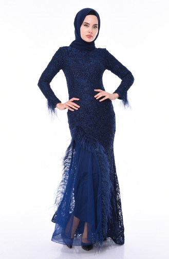 Navy Blue Hijab Evening Dress 4702-01