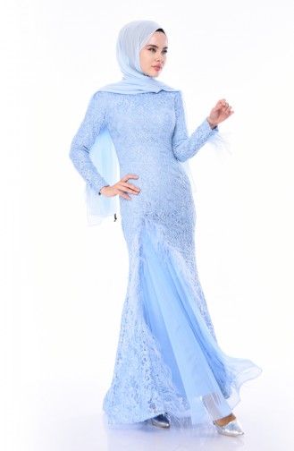 Robe de Soirée à Plumes 4702-03 Bleu Bébé 4702-03